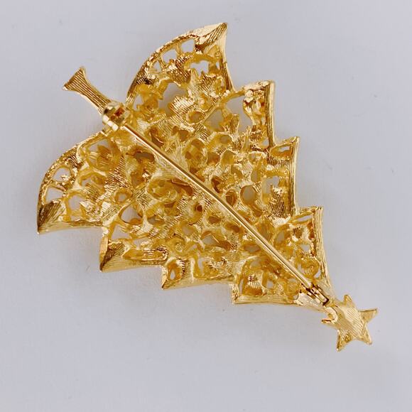 Christmas Tree Brooch Gold Tone Multi Color Rhinestone Festive Holiday Jewelry - Picture 7 of 9